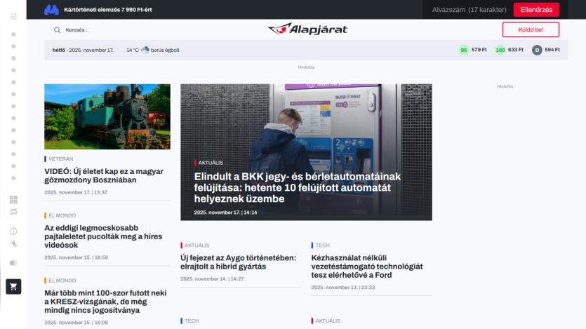 News website Alapjárat with articles on BKK ticket machine upgrades, Hungarian steam locomotive in Bosnia, and hybrid car production