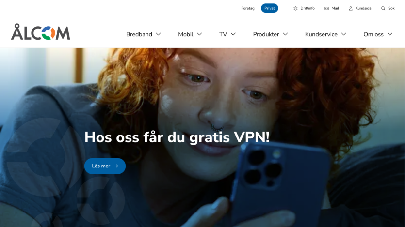 Ålcom website offering free VPN with navigation for broadband, mobile, TV, products, and customer service.