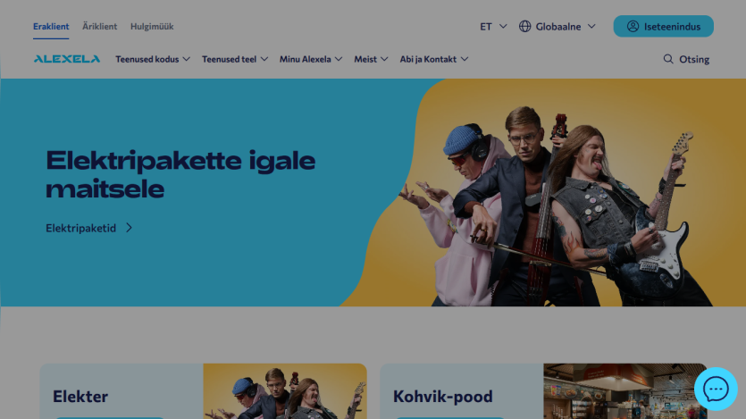 Alexela homepage with navigation and hero section promoting electric packages with three musicians