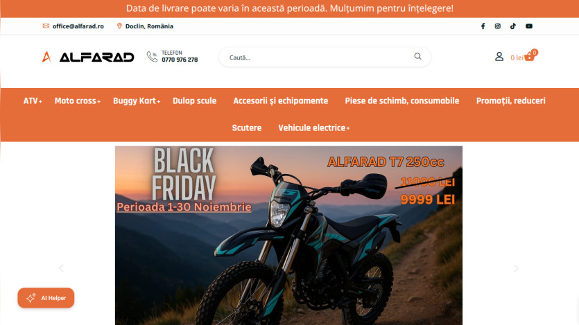 Alfarad website with Black Friday promotion for T7 250cc motorcycle discounted to 9999 LEI in November