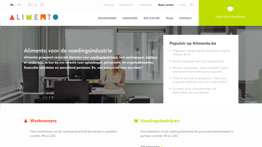 Alimento website offering sectoral services for food industry workers and companies with training and advice