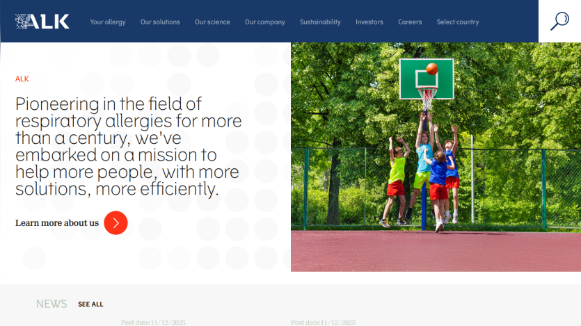 ALK website hero section about pioneering respiratory allergy solutions with children playing basketball image