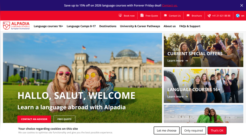 Language school homepage offering language courses abroad with welcome message and special offers
