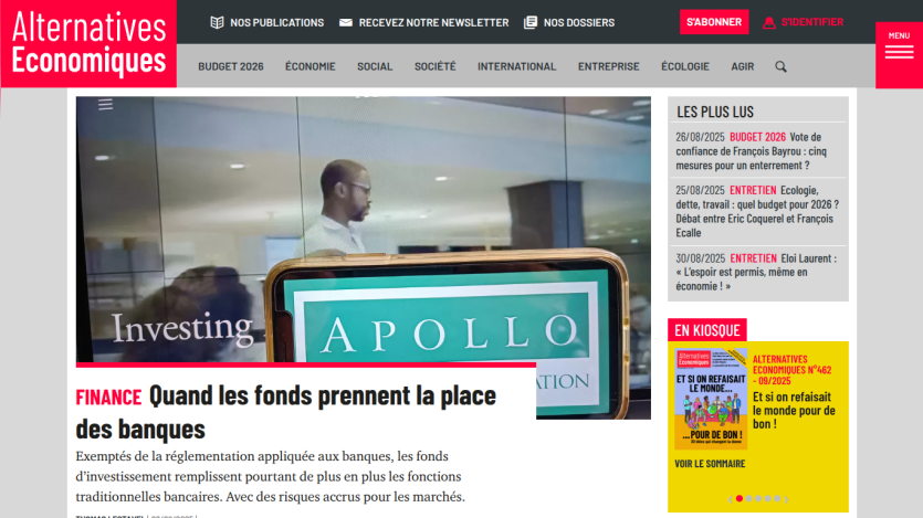 Article on finance discussing funds replacing banks, featuring a prominent image and headline.