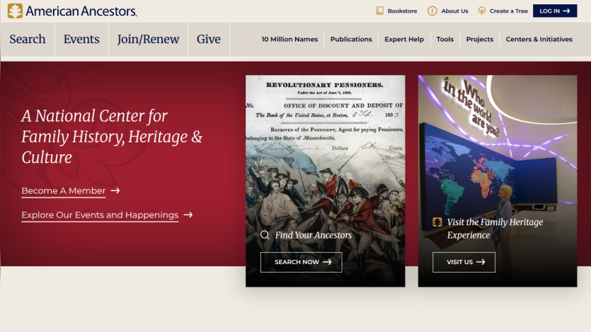 Homepage of American Ancestors featuring events and membership options.