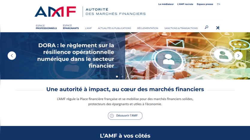 Homepage of AMF with a headline about financial market regulations and a call to action button.