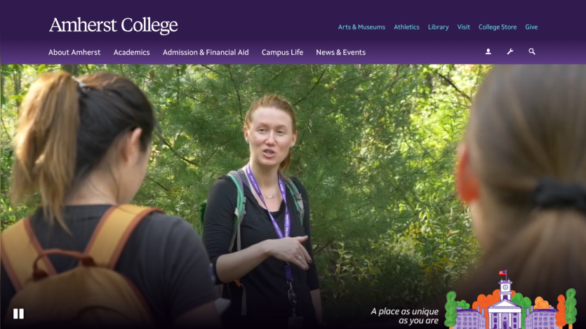 Amherst College homepage featuring a student interaction in a natural setting.
