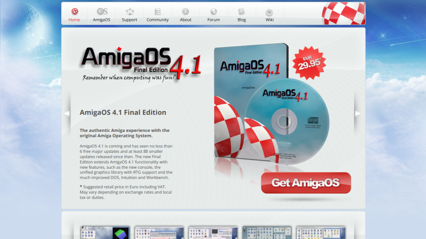 AmigaOS 4.1 Final Edition homepage with product details, price EUR 29.95, and a Get AmigaOS button.