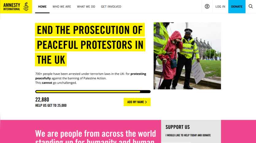 Campaign banner urging support for peaceful protestors in the UK with a donation button.