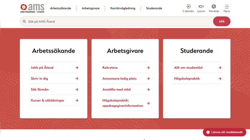 AMS Åland website with navigation and sections for job seekers, employers, and students