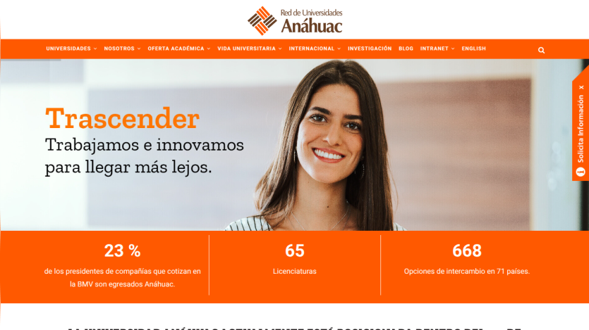 University Anáhuac homepage featuring a smiling woman and key statistics about the institution.