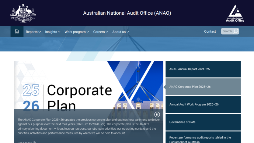 Australian National Audit Office homepage featuring the 2025-26 Corporate Plan with navigation menu and report links
