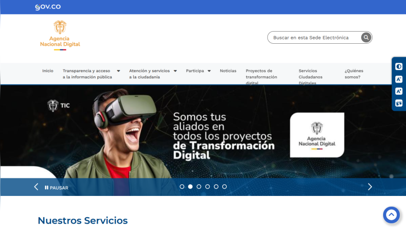 Homepage of a digital projects company featuring a smiling woman with VR headset and navigation menu