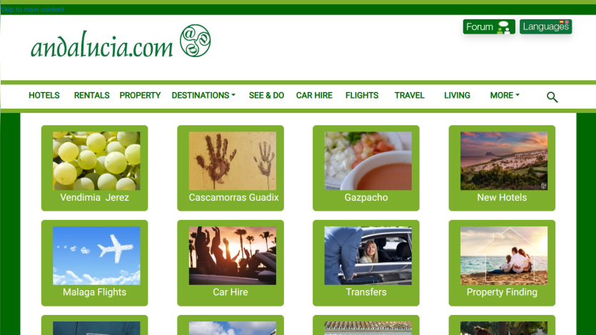 Homepage of Andalucia.com featuring travel options like hotels, flights, and property rentals.