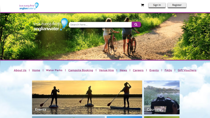 Anglian Water homepage with search bar, navigation links, and images promoting events and courses