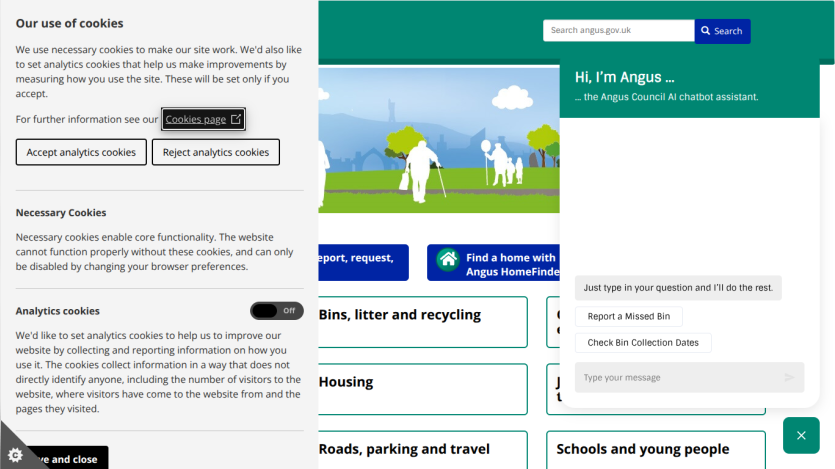 Website header with navigation links and a search bar, featuring sections on bins, litter, recycling, housing, roads, parking, travel, schools, and young people.