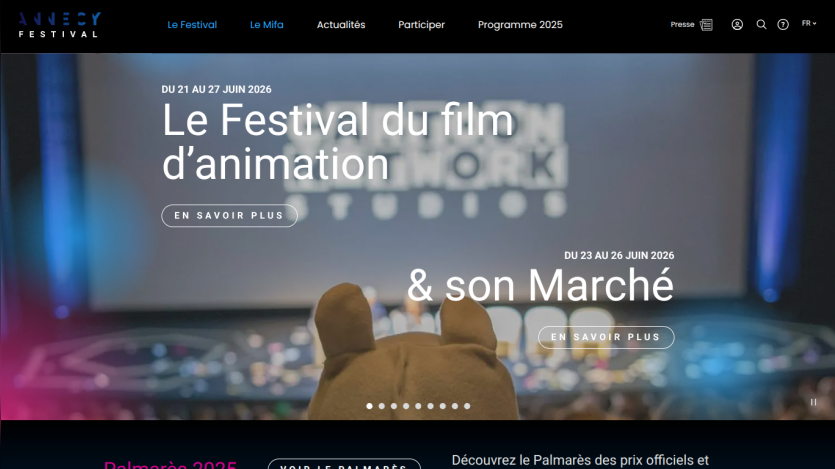 Homepage of the Animation Film Festival featuring event dates and a call to action.