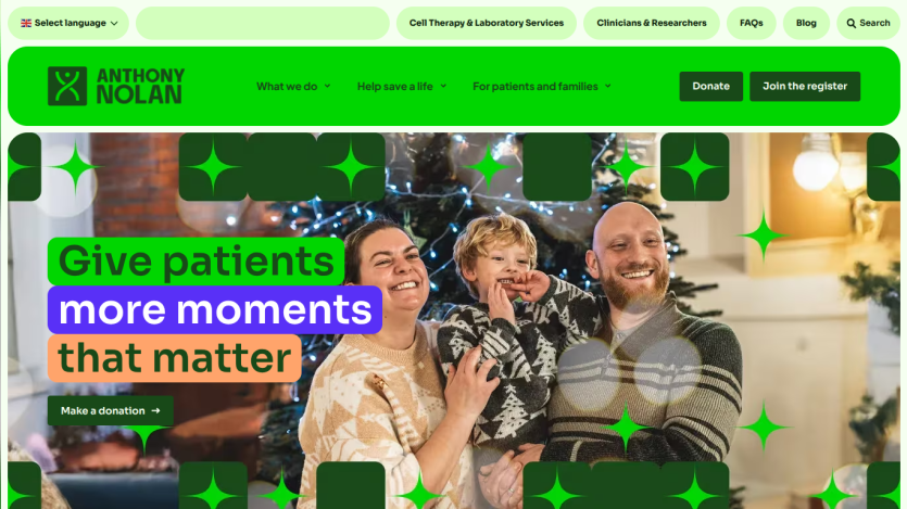 Anthony Nolan homepage with navigation and a family photo promoting donations to give patients more moments that matter.