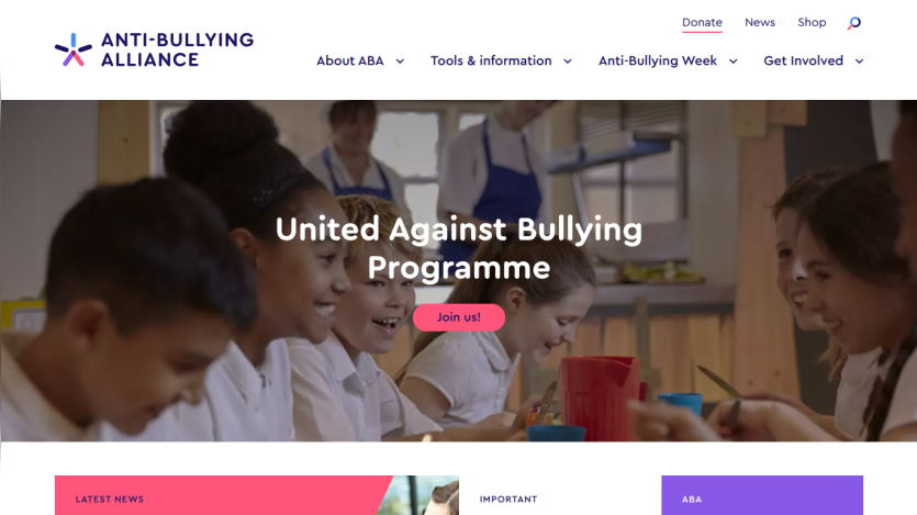 Anti-Bullying Alliance homepage with children smiling and call to action for United Against Bullying Programme