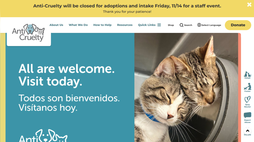 Anti-Cruelty homepage welcoming visitors with bilingual text and image of two cats nuzzling