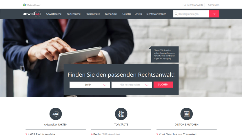 Legal portal offering search for suitable lawyers by city and legal area with over 4,000 lawyers available