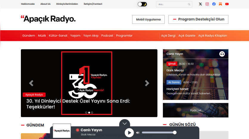 Apaçık Radyo website with navigation menu, live broadcast schedule, and featured special broadcast announcement