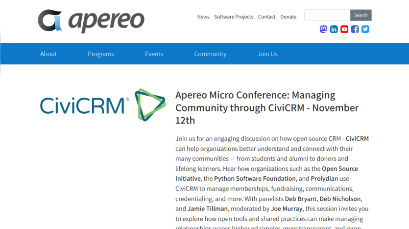 Apereo website promoting a micro conference on managing community through CiviCRM on November 12th with event details and panelists