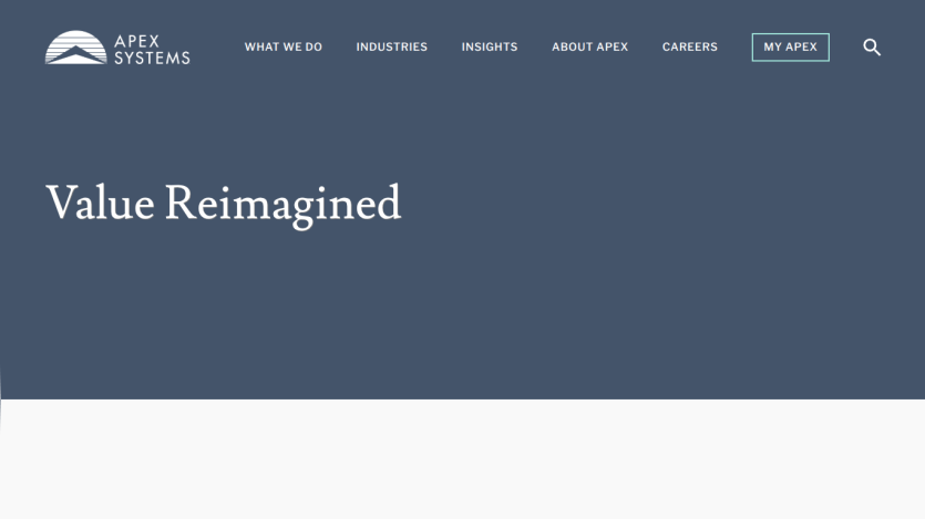 Apex Systems website header with navigation and hero section titled 'Value Reimagined'