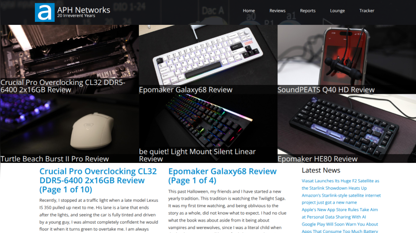 APH Networks homepage featuring reviews of Crucial Pro Overclocking CL32 DDR5-6400, Epomaker Galaxy68, SoundPEATS Q40 HD, Turtle Beach Burst II Pro, be quiet! Light Mount Silent Linear, and Epomaker HE80