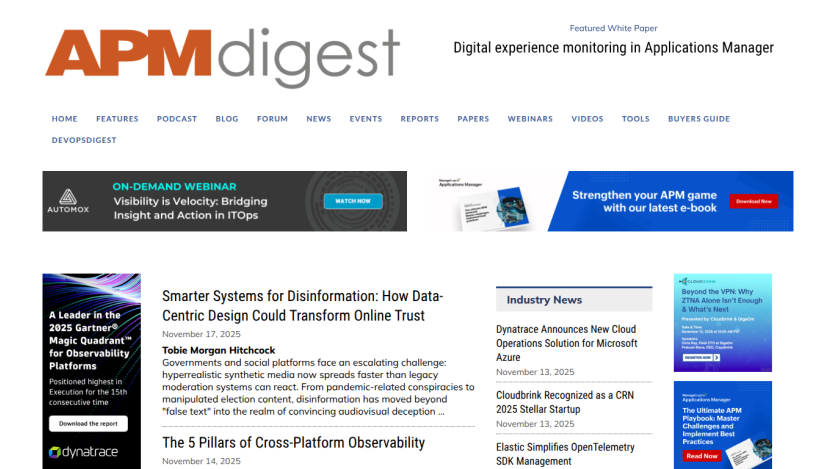 APM Digest homepage with navigation links, featured articles on observability and disinformation, and webinar promotions