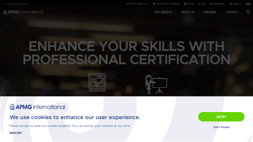 Website header with navigation and hero section promoting professional certification skills enhancement