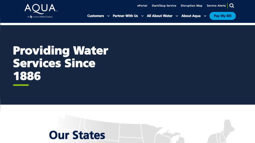 Aqua water services website header with navigation and hero text stating Providing Water Services Since 1886