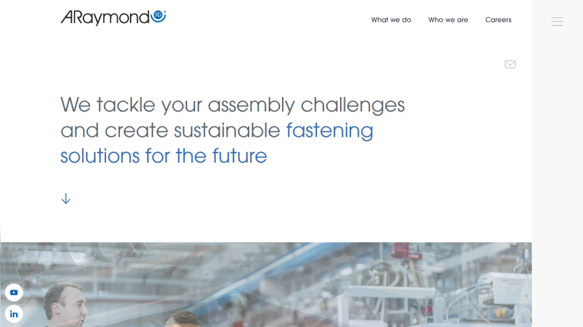 ARaymond website with navigation and headline about tackling assembly challenges and sustainable fastening solutions
