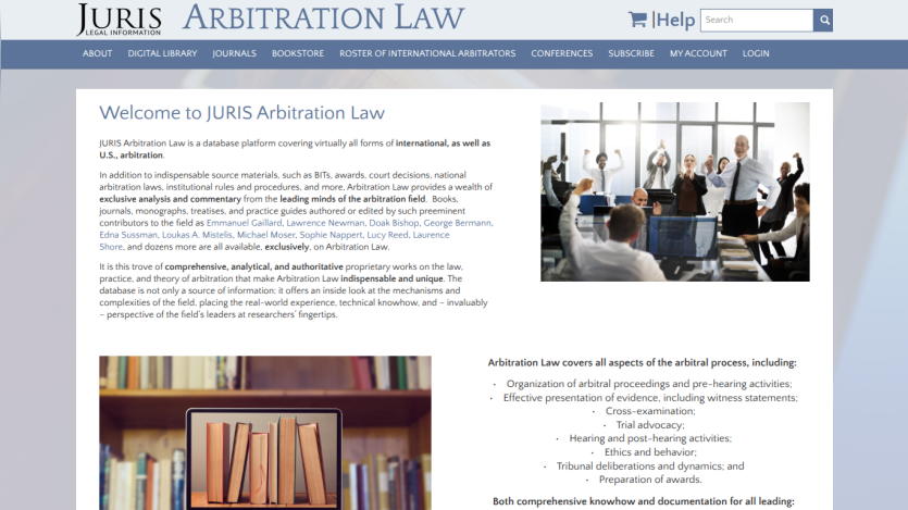 JURIS Arbitration Law homepage with navigation menu, welcome text describing arbitration law database, and images of people in office and books.