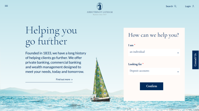 Banking website with headline 'Helping you go further', description of services, and a form to select client type and service