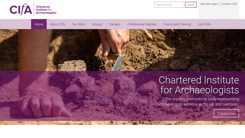 Chartered Institute for Archaeologists homepage with navigation and hero section describing the professional body for archaeologists in the UK and overseas