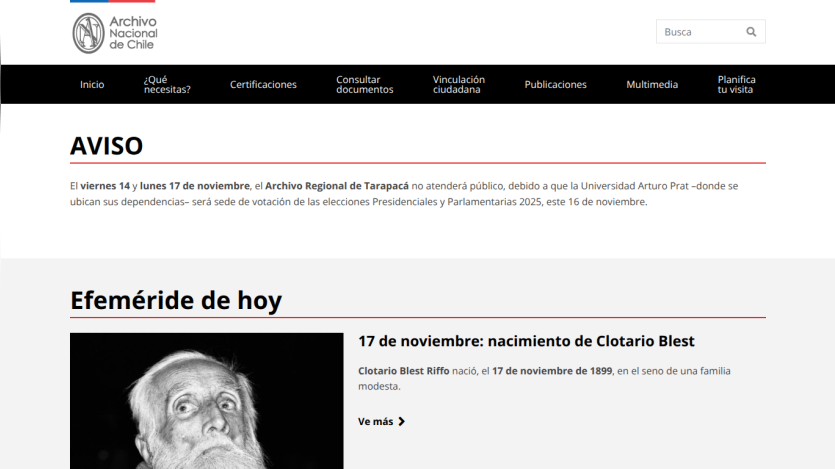 Archivo Nacional de Chile website showing a notice about Archivo Regional de Tarapacá closure and today's historical event about Clotario Blest's birth
