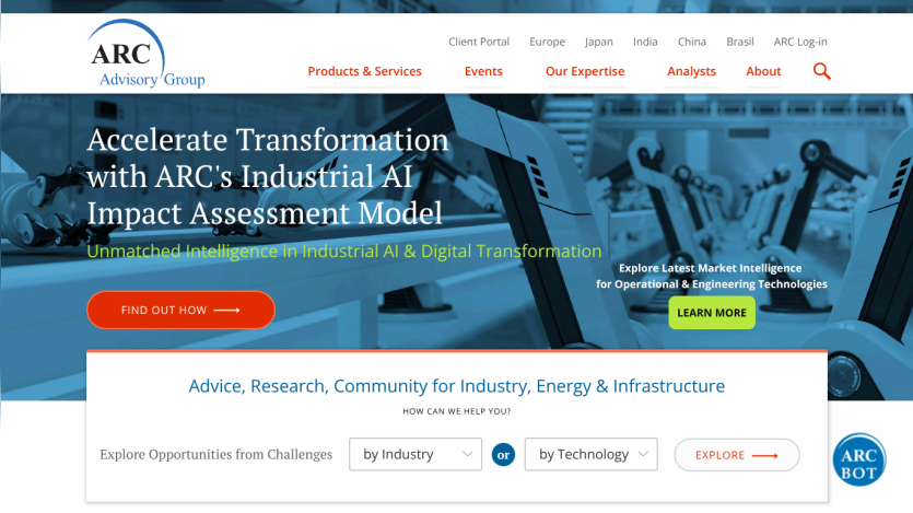 ARC Advisory Group homepage with Industrial AI Impact Assessment Model and options to explore by industry or technology