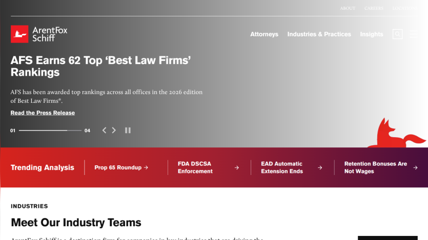 ArentFox Schiff law firm homepage highlighting top 'Best Law Firms' rankings and industry team information
