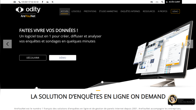 Oditiy AreYouNet software homepage with headline about data surveys, call-to-action buttons, and a computer screen showing software interface
