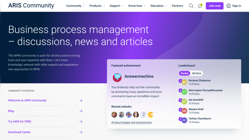 ARIS Community homepage with business process management discussions, featured achievement, and leaderboard