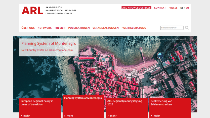 Website header and navigation for ARL with a hero aerial image of Montenegro and links to regional policy and planning topics