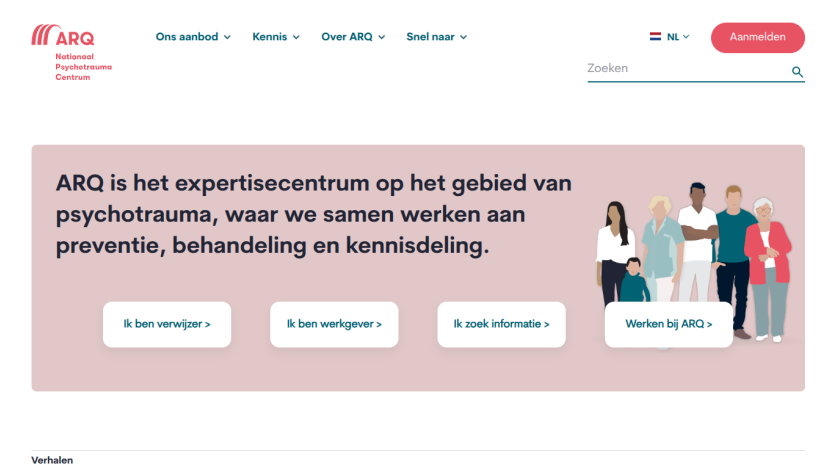 ARQ expertise center for psychotrauma prevention, treatment, and knowledge sharing with navigation and user options.