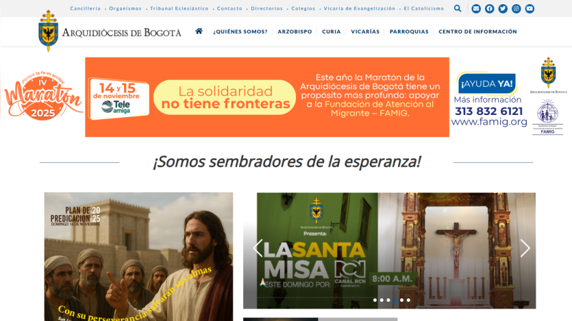 Archdiocese of Bogotá website with event info for 2025 Marathon supporting migrant aid foundation and religious service announcements