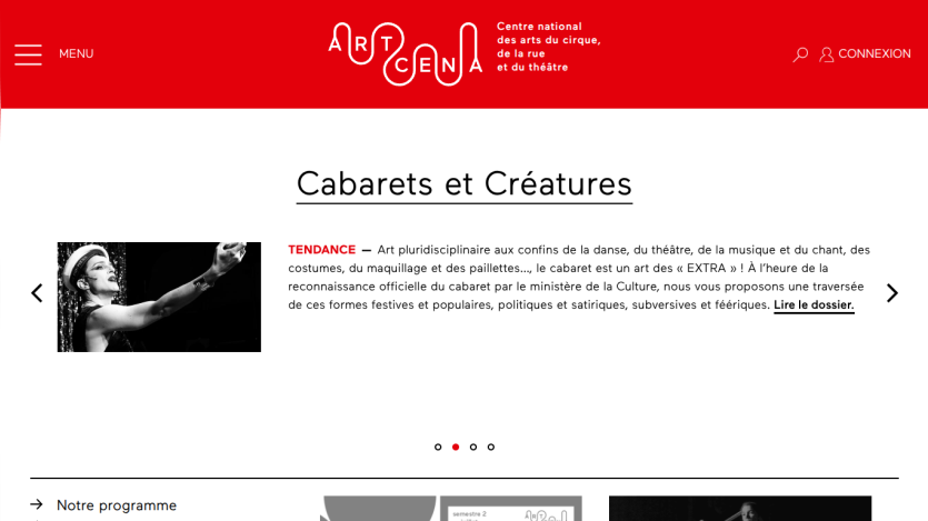 Cabarets et Créatures event page with description of artistic performances and navigation menu