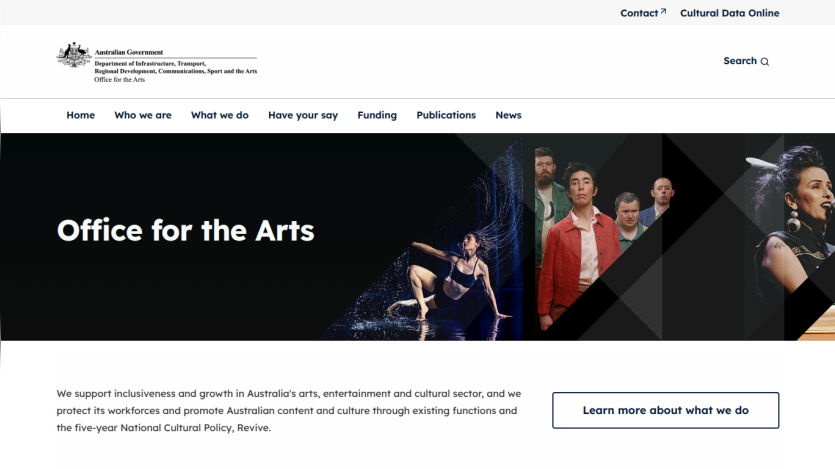 Australian Government Office for the Arts homepage promoting inclusiveness and growth in arts and culture