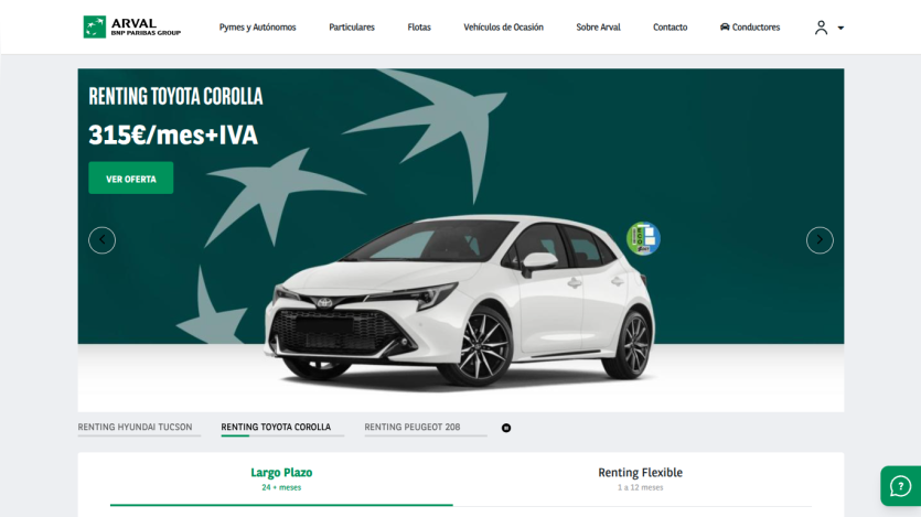 Car rental offer for Toyota Corolla at 315€/month plus VAT with navigation menu and rental options