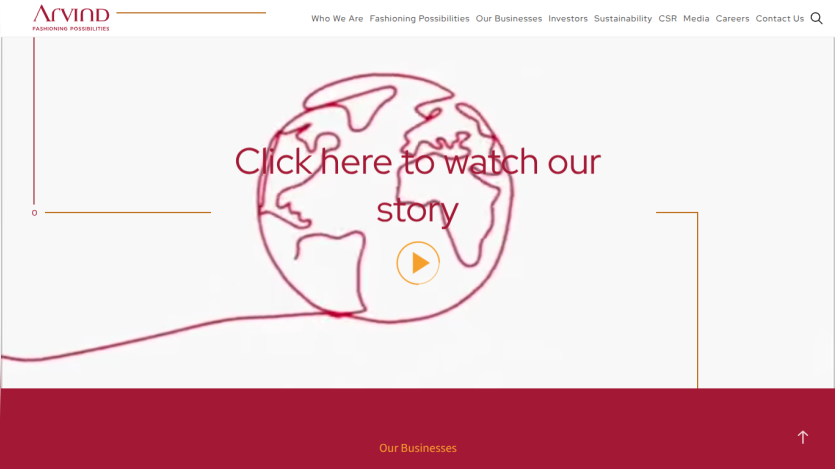 Avind website header with navigation and hero section inviting to watch their story with a globe illustration