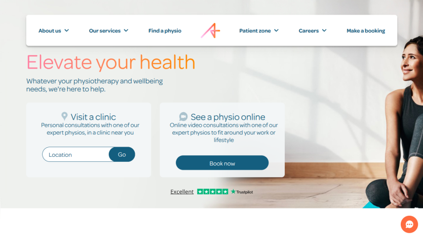 Physiotherapy service homepage with options to visit a clinic or see a physio online, plus navigation menu and Trustpilot rating