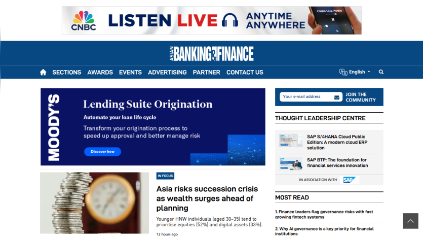 Asian Banking & Finance homepage with Moody's Lending Suite ad, article on Asia's wealth succession crisis, and thought leadership section